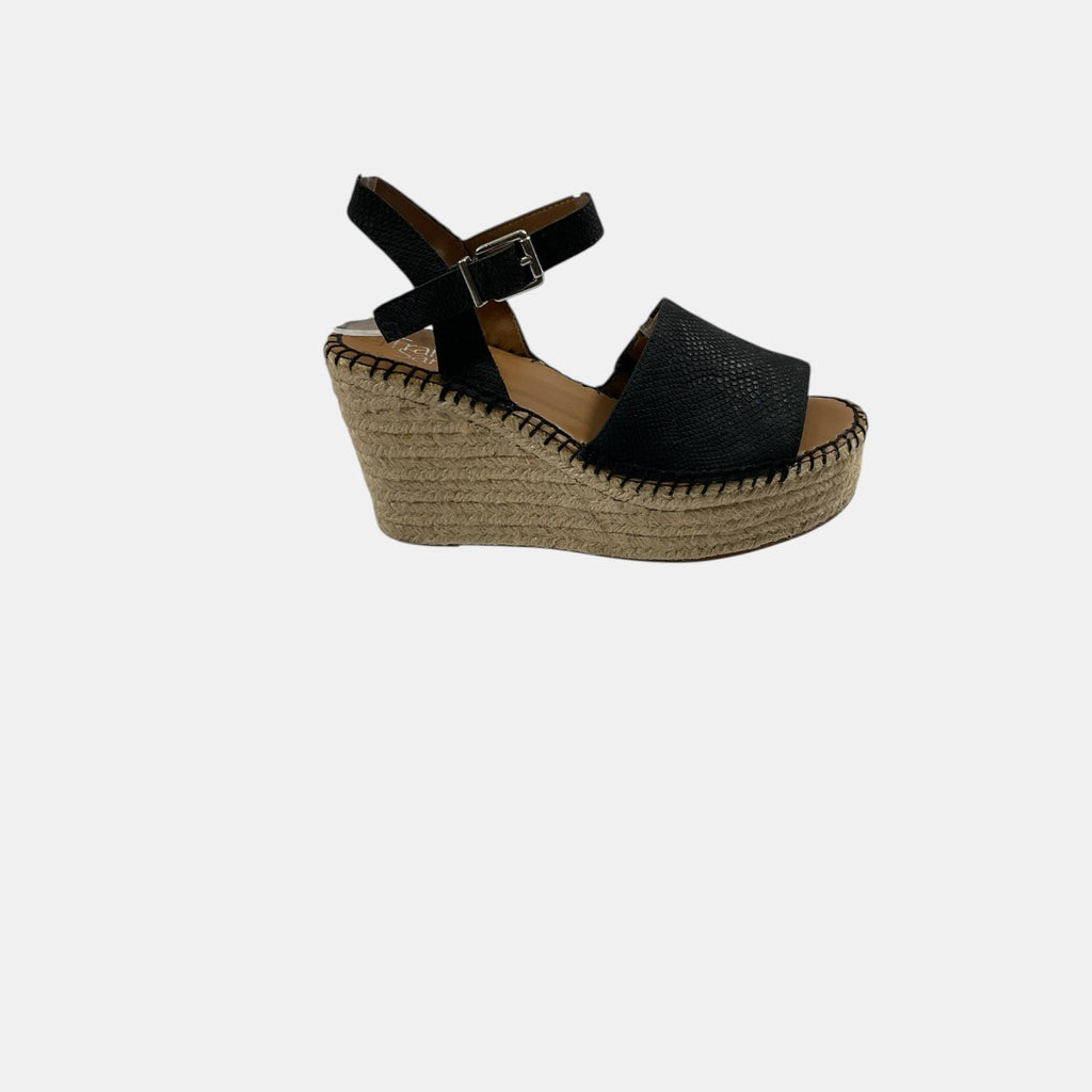 Black wedge sandal with jute sole on a white background