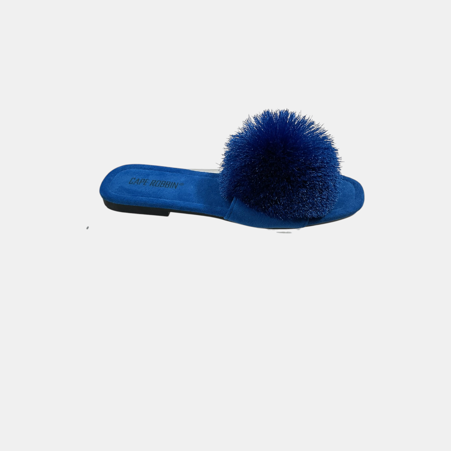 blue sandal with a pom pom on a white background