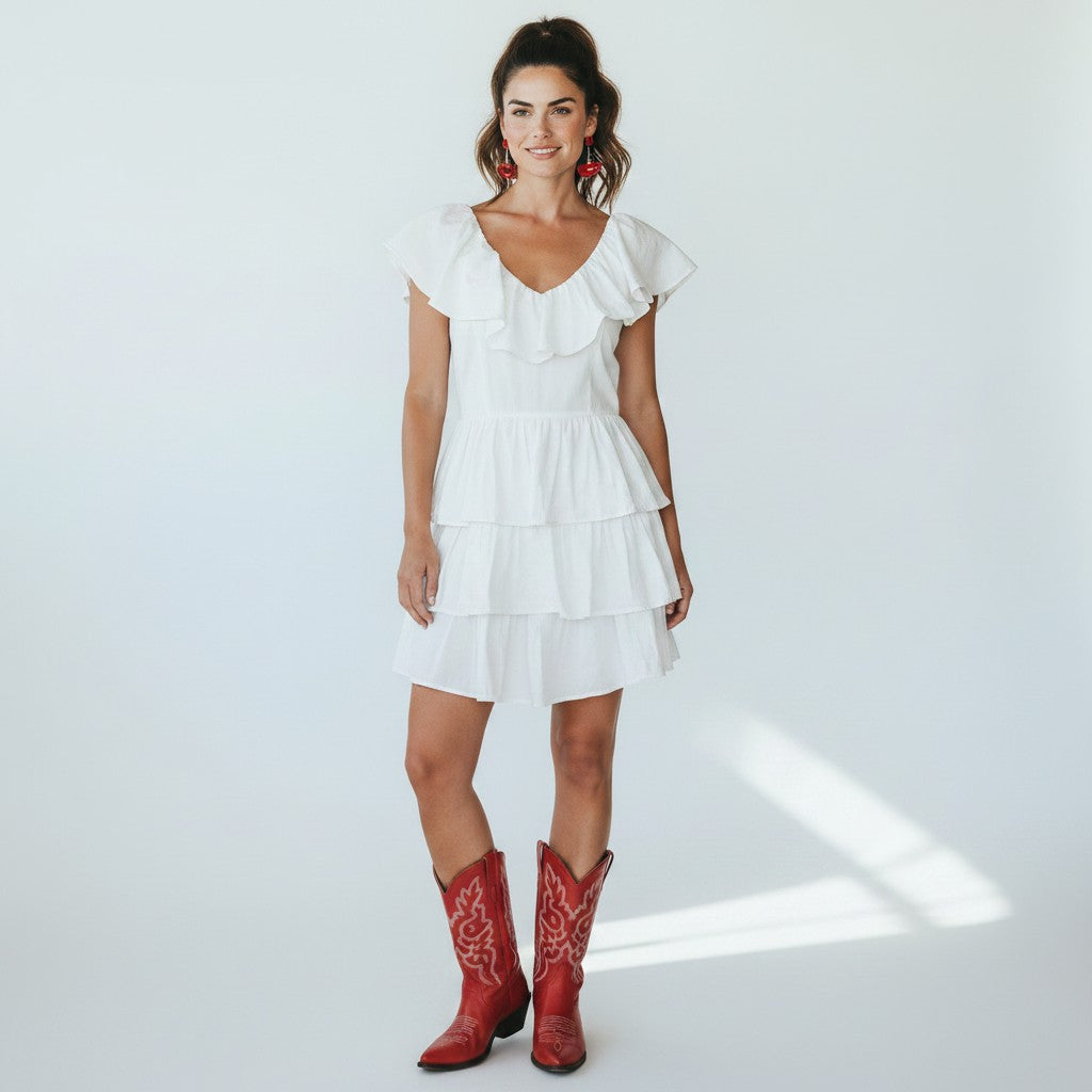 Woman wearing a white dress and red cowboy boots on a white background