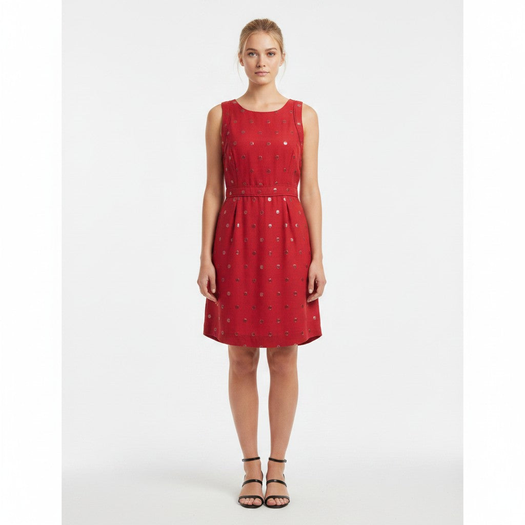 Woman wearing a red dress with a white background