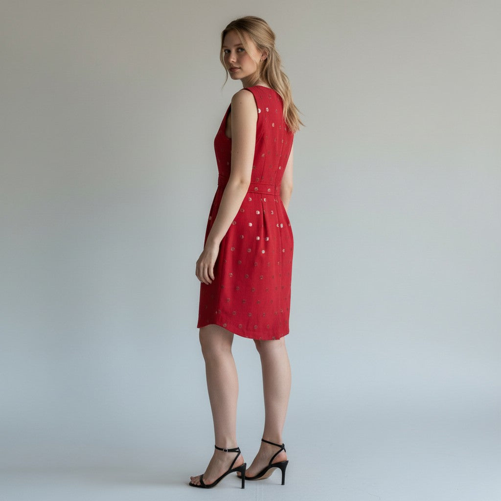 Woman wearing a red dress with a white pattern against a plain background