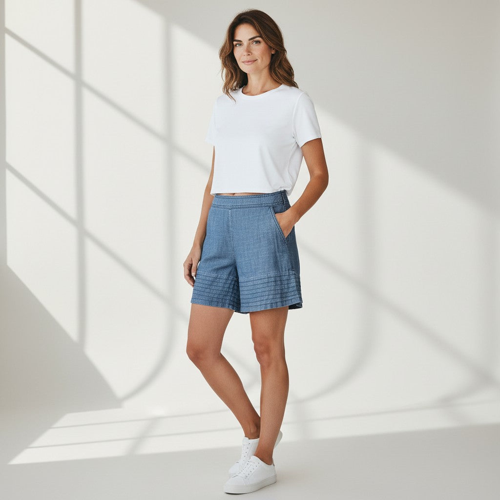 A woman modeling a white short-sleeve crewneck t-shirt and blue plaid shorts, paired with white sneakers, standing in a brightly lit studio with window shadow patterns on a white background.