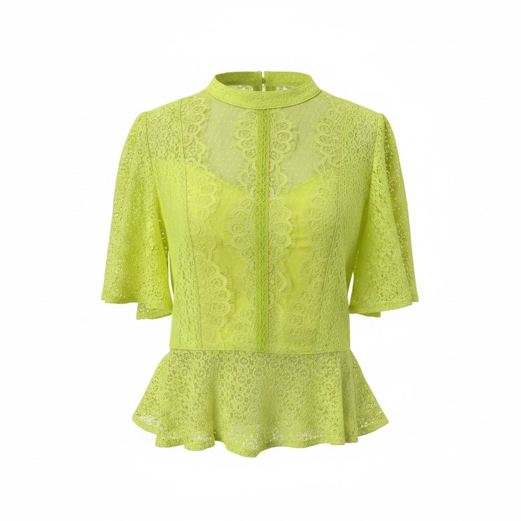 Lime green lace top on a white background
