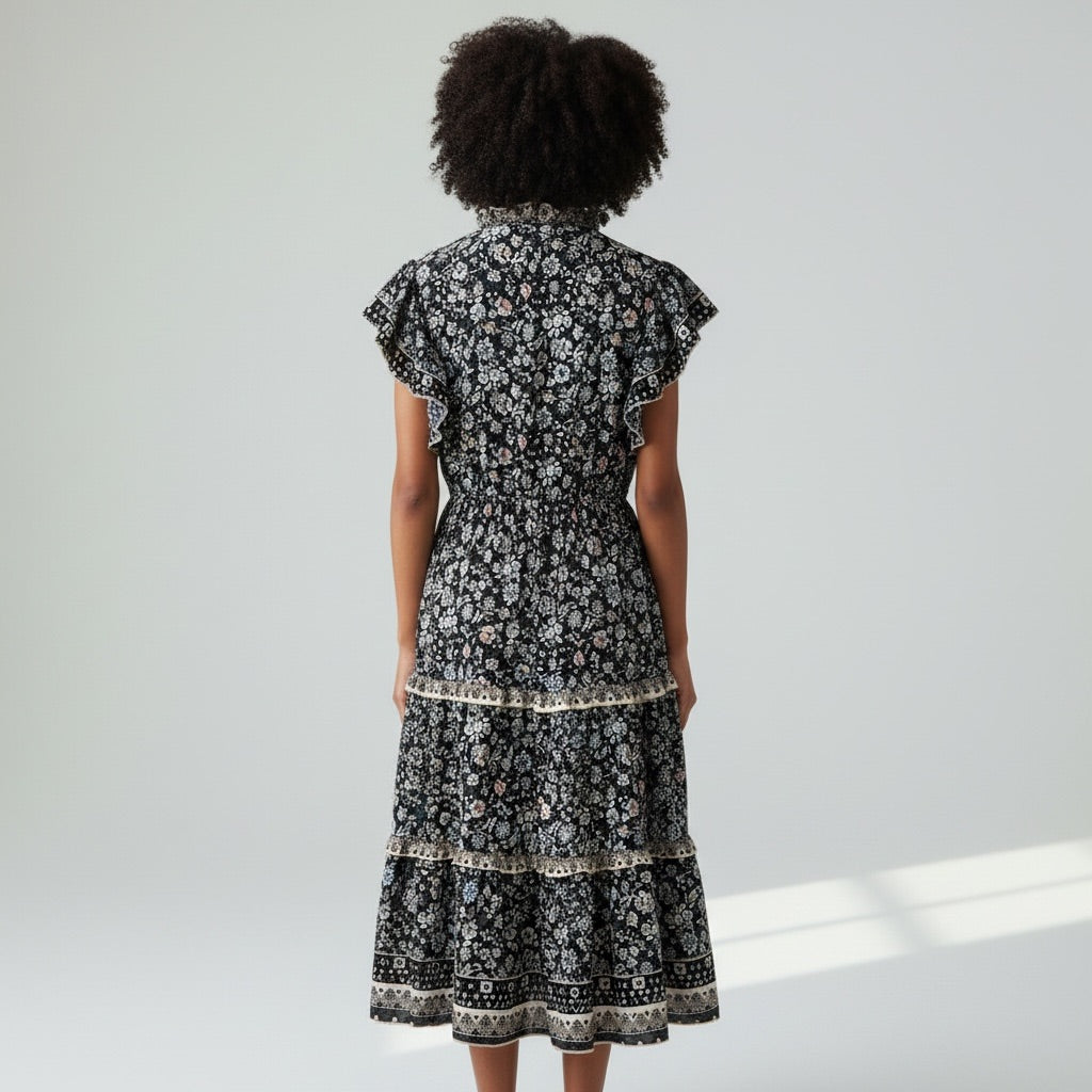 Woman wearing a black floral dress with a white background