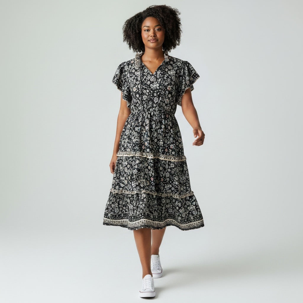 Woman wearing a black floral dress on a white background