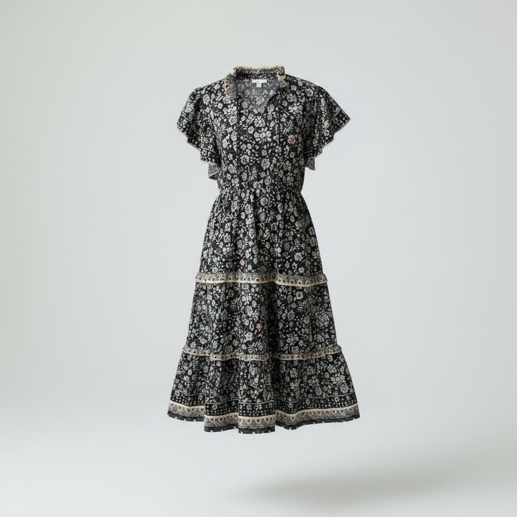 Black floral dress on a white background
