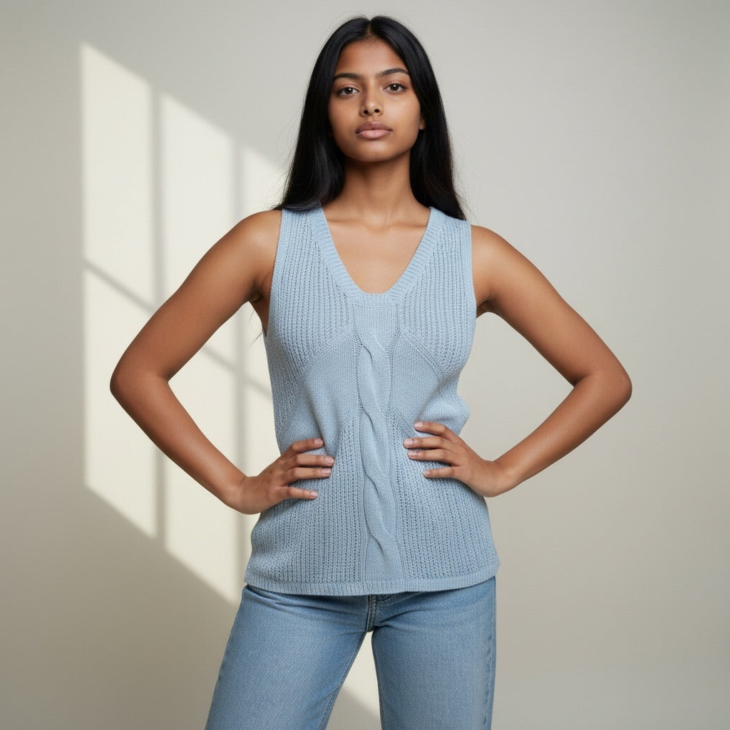 Woman wearing a light blue sleeveless knitted top and jeans against a neutral background