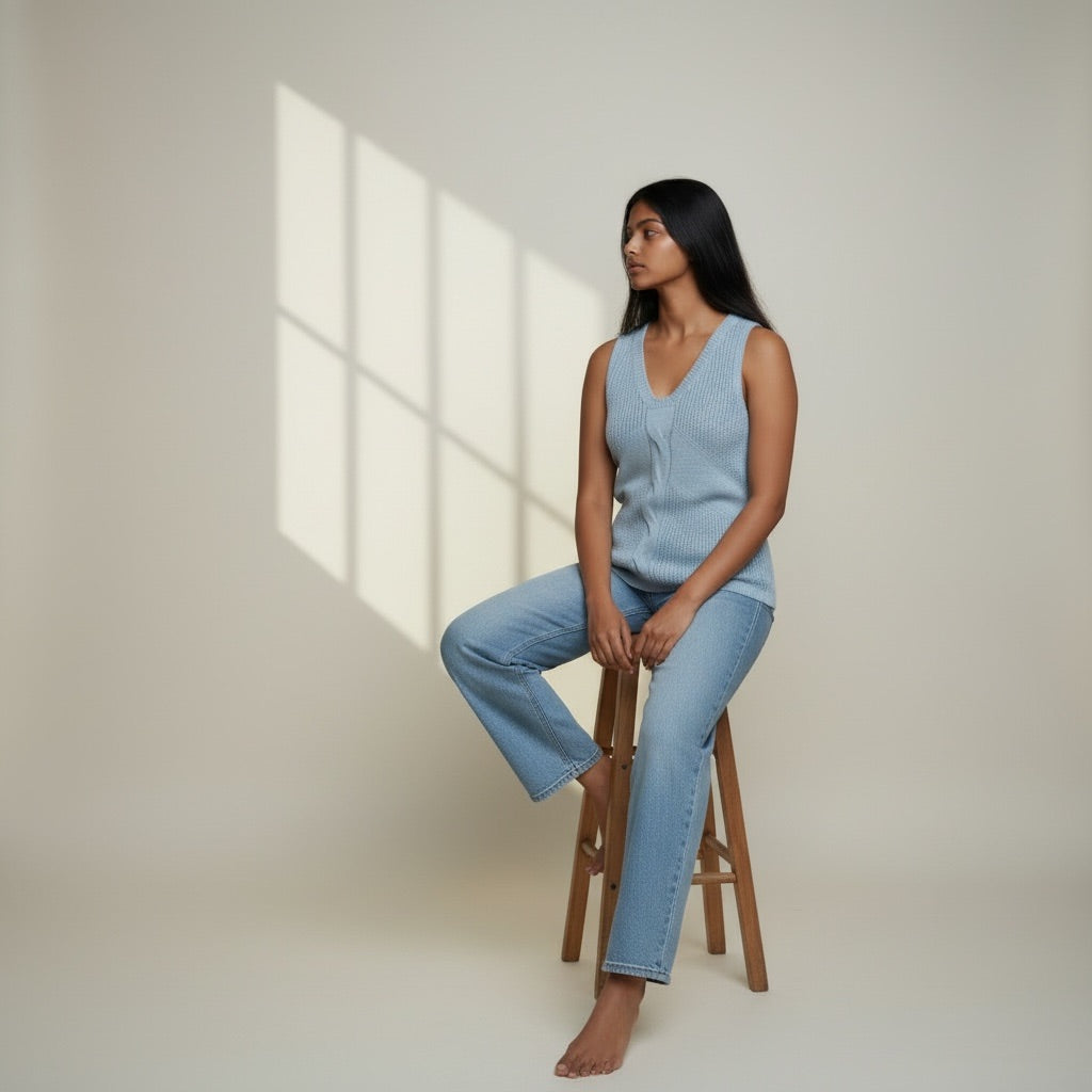 Woman sitting on a wooden stool wearing a light blue sleeveless top and jeans in a softly lit room.