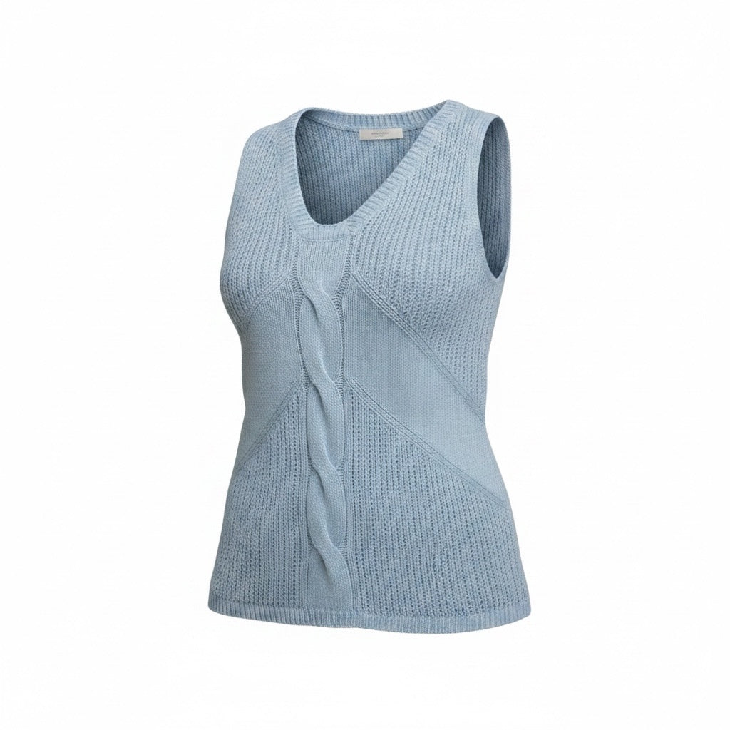 Light blue sleeveless knitted top on a white background