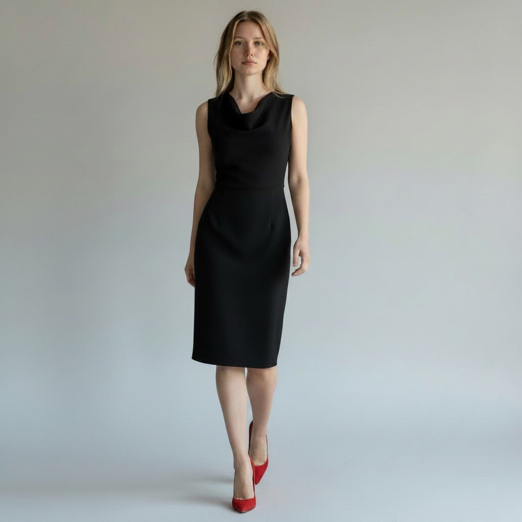 Woman wearing a black dress with red shoes on a plain background