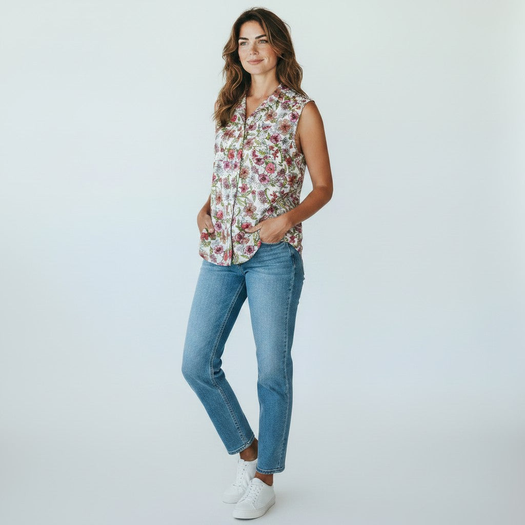 Woman wearing a floral sleeveless top and blue jeans on a white background