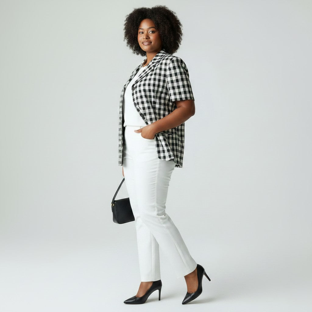 Woman wearing a black and white checkered shirt, white pants, and black high heels on a plain background