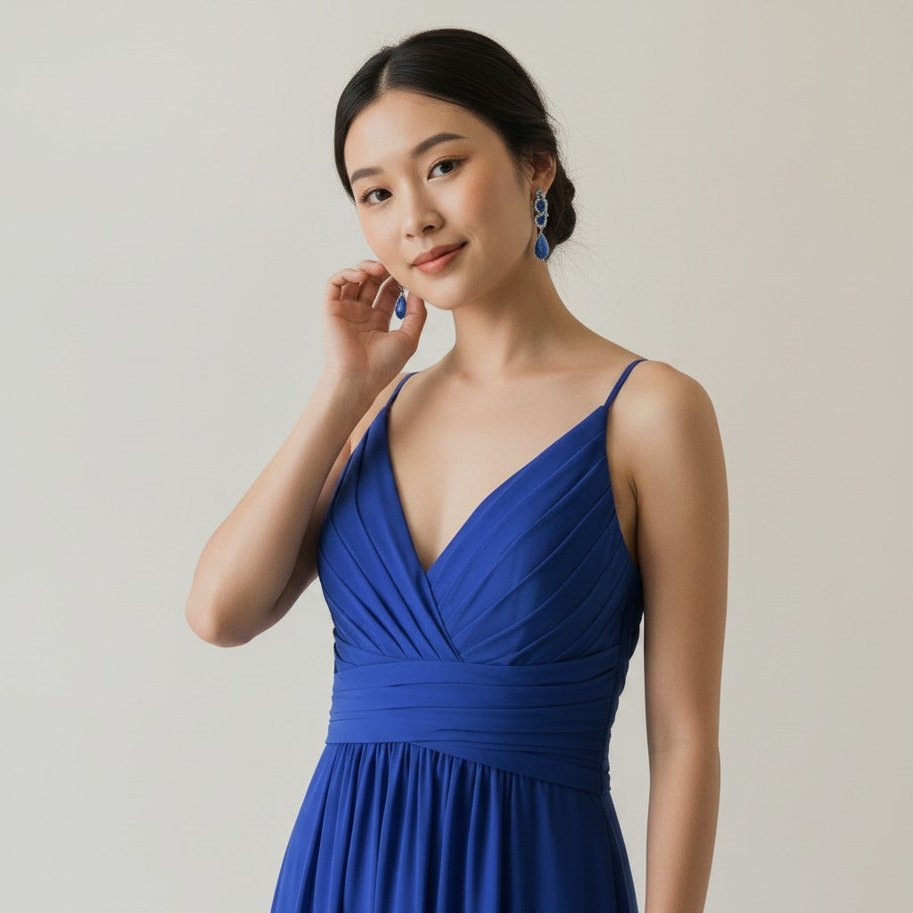 Woman wearing a blue dress against a plain background