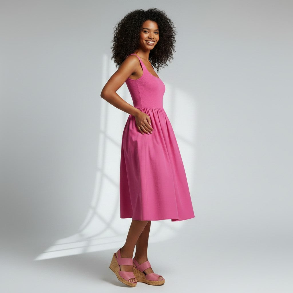 Woman wearing a pink dress standing against a white background