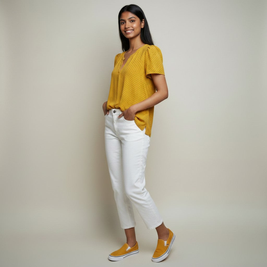 Woman wearing a yellow top and white pants with yellow shoes against a plain background